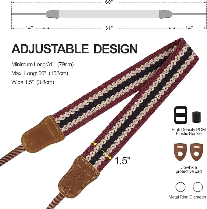 Padwa Lifestyle Stripes Camera Strap - 1.5" Crazy Horse Cowhide Head Soft Cotton Rope Weave Camera Straps for Photographers and All Cameras,Cute Adjustable Vintage Woven Strap for Adults & Kids