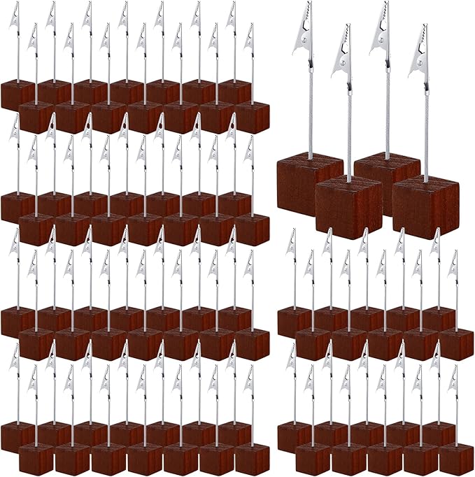 Gersoniel 100 Pcs Cube Base Memo Clip Holder with Alligator Clip Wood Table Number Holder Cube Base Place Card Stand Mini Photo Menu Stand for Displaying Number Card (Brown)