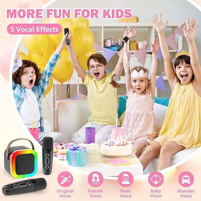 Mini Karaoke Machine for Kids Adults, Portable Bluetooth Speaker with 2 Wireless Microphones,Toys Birthday Gifts for Girls Ages 4, 5, 6, 7, 8,9,10,11,12+ Family Home Party (Black)