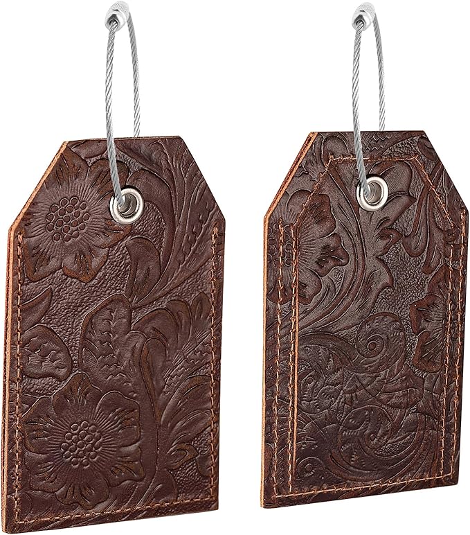 Genuine Leather Set of 2 Luggage Tag with Full Back Privacy Name ID Card Stainless Steel Loop Suitcase Labels Identifiers Baggage Tags Luggage for Women Men Travel (Yellow Brown Flower)