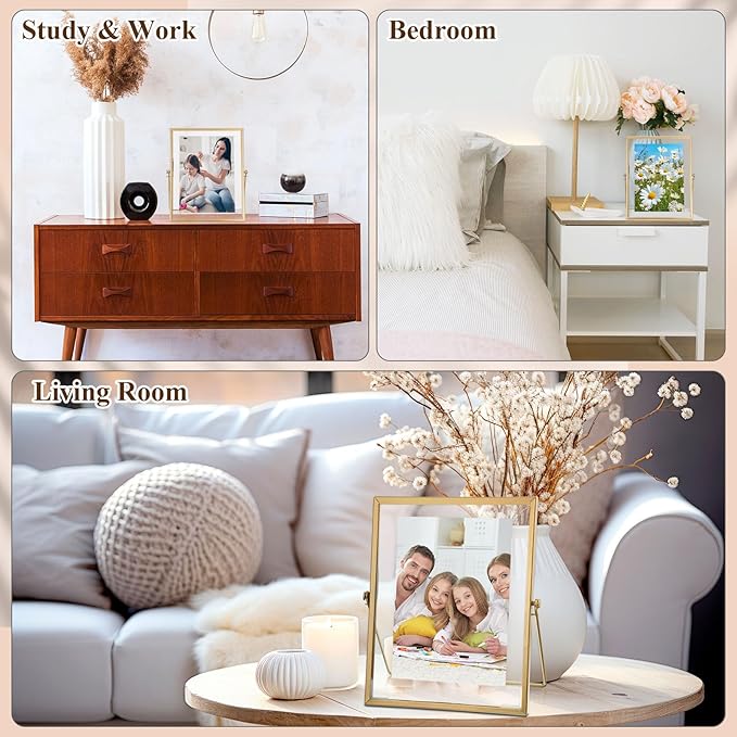 Hoteam 12 Pack 7 x 9 Inch Gold Floating Frame for Photo 5 x 7 Inch, Glass Floating Picture Frame Collection Vintage Metal Minimal Ornate Easel for Wedding Gift Pictures Photos Desk Tabletop Display