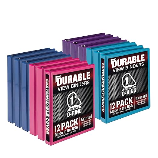 Samsill Durable 1 inch 3 Ring Binder, Made in USA, D Ring Binder, FSC 100% Recycled Chipboard, Fashion Assortment, 12 Pack