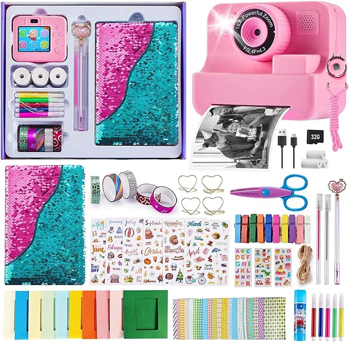 Kids Instant Print Camera, 1080P Selfie Video Camera with DIY Journal Kit – 200+ Accessories, Christmas & Birthday Gifts for Girls & Boys Ages 3-12 (Pink)