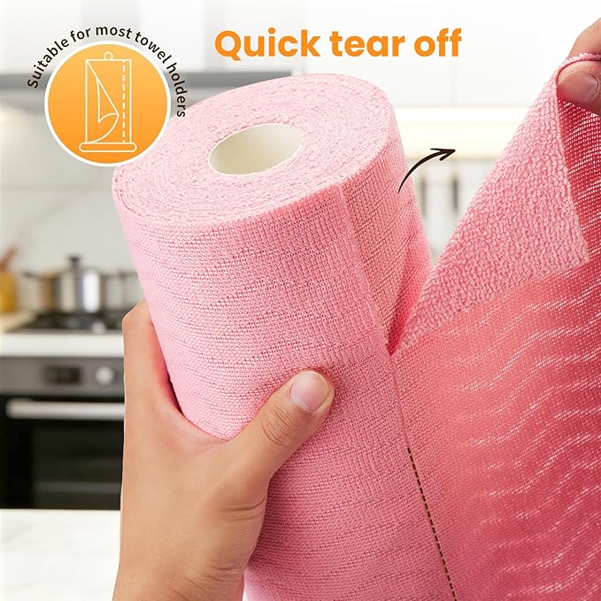 Microfiber Cleaning Cloth Roll, 50 Pack, Absorbent Reusable Towels for Kitchen, Durable Lint-Free, Scratch-Free Dish Rags for Home, Workshop & Screens, Pink Wave Pattern, 12 x 12 in