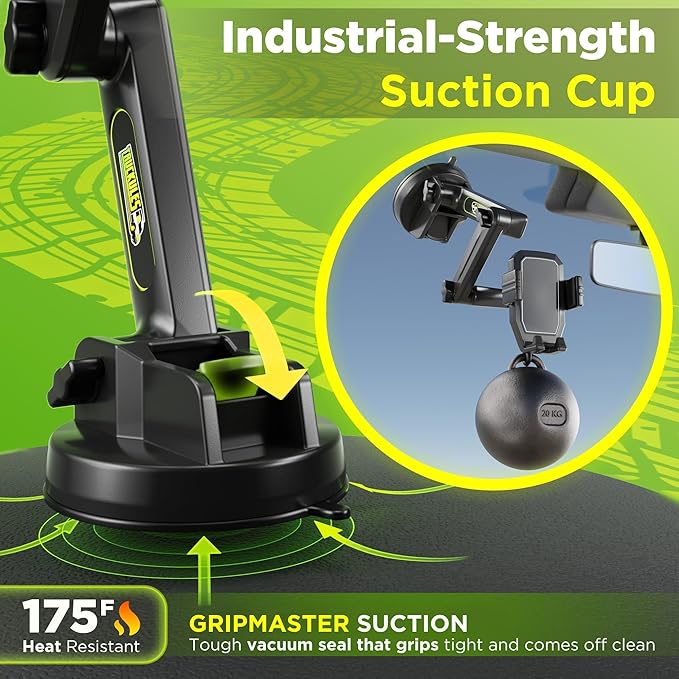 Cell Phone Mount for Truck Phone Holder for Truck Drivers - Heavy Duty Suction Cup + Dashboard Pad, iPhone Holder for Dashboard Window 16.9 inch Long, for iPhone & Samsung, Big Rig Trucker, Black
