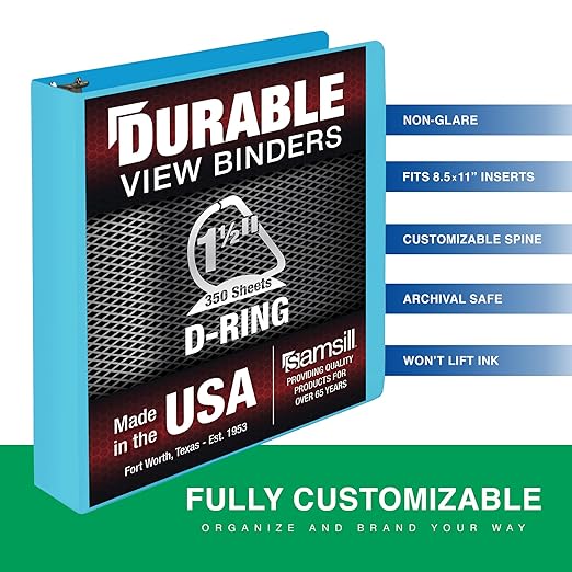 Samsill Durable 1.5 Inch Binder, Made in The USA, D Ring Binder, Customizable Clear View Cover, Sky Blue, Holds 350 Pages
