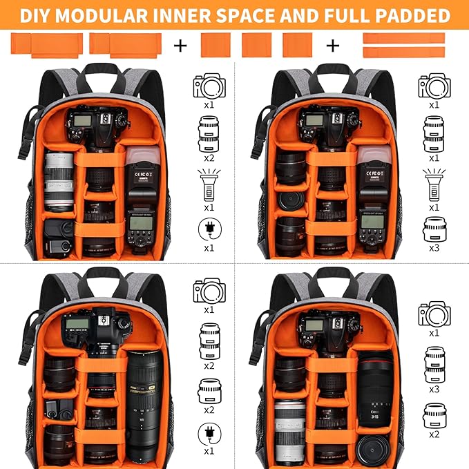 IPEB Camera Backpack for DSLR/SLR/Mirrorless Bag Professional Waterproof Camera Case 11"X5.9"X15" for Photographers Grey Orange