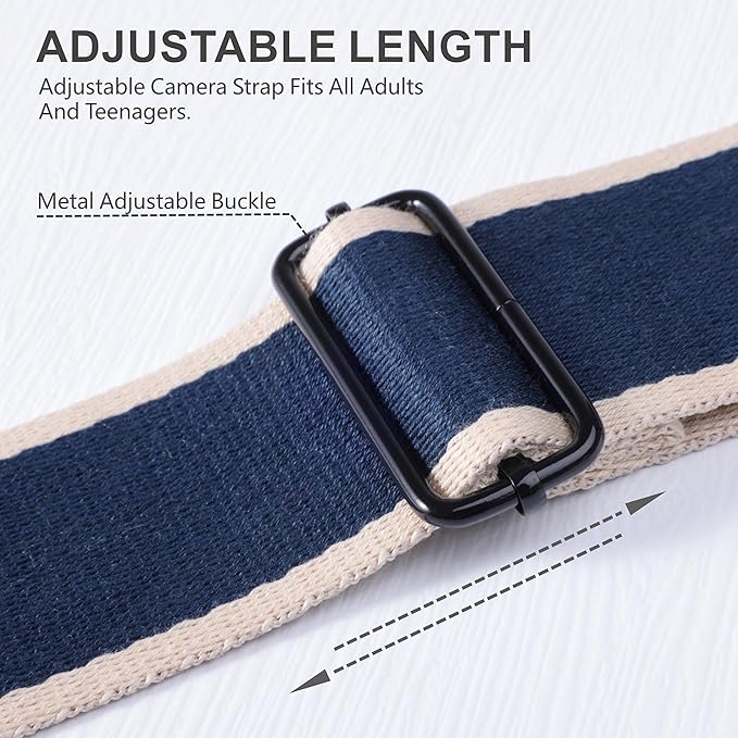 Padwa Lifestyle Adjustable Camera Strap - 2" Top Layer Cowhide Head Camera Straps for Photographers,Soft Cotton Crossbody Strap with Quick Release fits All Cameras - Blue Stripe