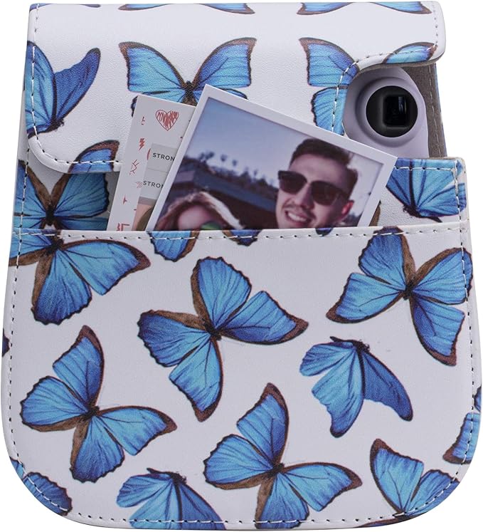 Frankmate PU Leather Camera Case Compatible with Fujifilm Instax Mini 11 12 Instant Camera with Adjustable Strap and Pocket (Butterfly)