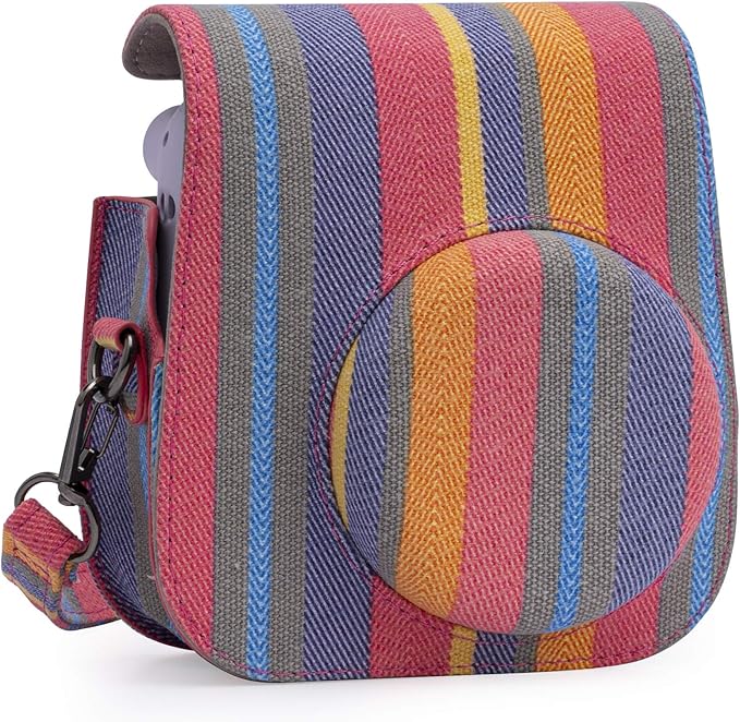 Frankmate Canvas Camera Case Compatible with Fujifilm Instax Mini 11 12 Instant Camera with Adjustable Strap and Pocket (Color Stripes)