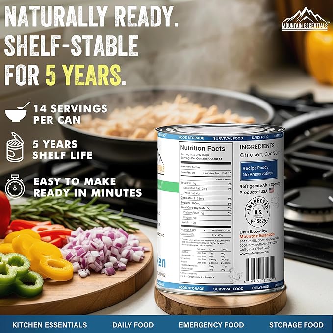 MOUNTAIN ESSENTIALS Fully Cooked Canned Chicken 28 Oz – White Meat for Daily Meals, Camping & Emergency Food – Great for Snack, Lunch, Dinner Recipes – 5-Year Shelf Life – Made in USA – Pack of 1