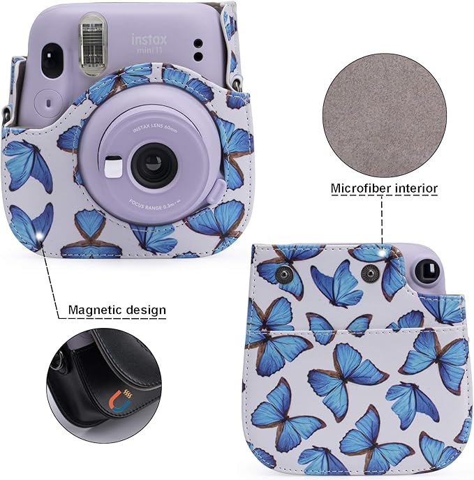 Frankmate PU Leather Camera Case Compatible with Fujifilm Instax Mini 11 12 Instant Camera with Adjustable Strap and Pocket (Butterfly)