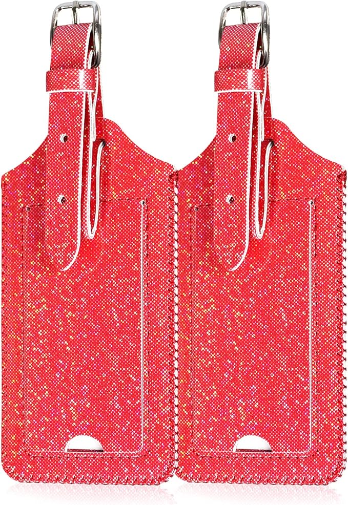 ACdream Luggage Tags 2 Pack, Leather Suitcase Tags Identifiers, Cute Cruise ID Labels with Privacy Cover fits on Backpack, Travel Bag, for Women, Men, Adults, Kids, Red Glitter