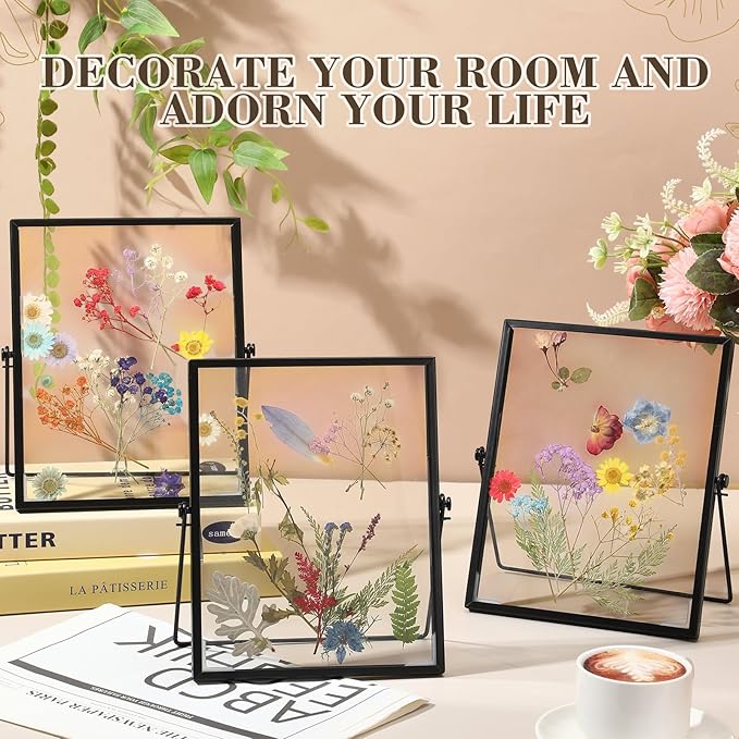 Hoteam 12 Pack 5 x 7 Inch Floating Frame Glass Photo Frame Collection Vintage Metal Minimal Ornate Easel for Pictures Photos Desk Tabletop Display (Black)