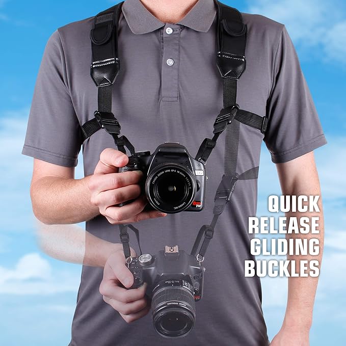 USA Gear DSLR Camera Strap Chest Harness with Quick Release Buckles, Black Neoprene Pattern and Accessory Pockets - Compatible with Canon, Nikon, Sony and More Point and Shoot and Mirrorless Cameras