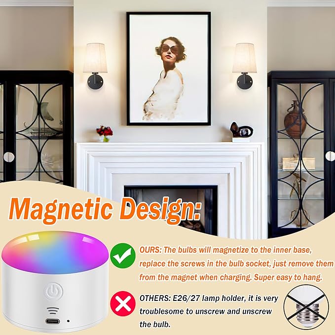 Wall Sconce Battery Operated Wall Light Fixure with Remote Control, Dimmable Battery Operated Wall Sconces Set Of Two, Indoor Wireless Wall Mounted Lamp with Rechargable Bulb For Bedroom Living Room (