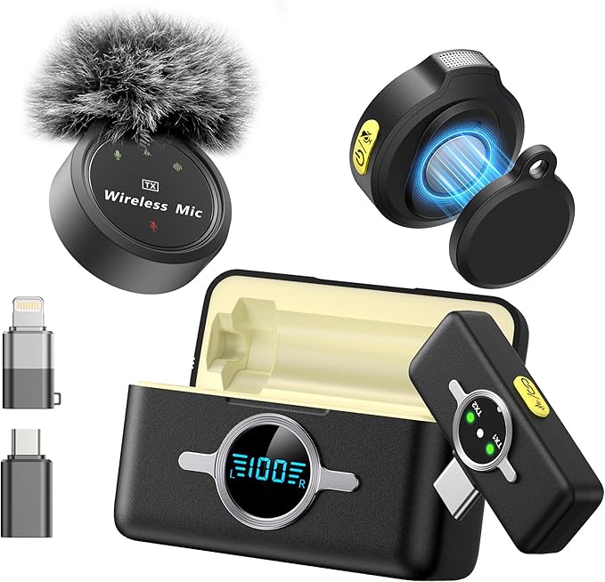 Wireless Lavalier Microphone for iPhone/Android, Professional Microphone with Custom Wind Muff, Noise Cancellation, Includes Type-C/Lightning Connectors, 300ft Range for Recording, Streaming