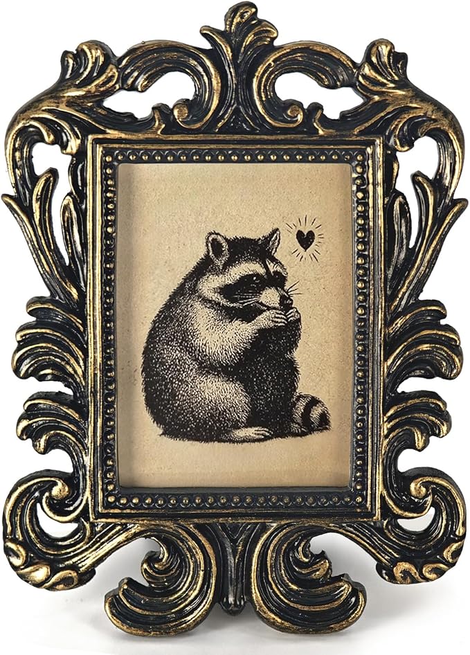 Vintage Cute Raccoon Small Picture Frame, Funny Mini Ornate Photo Frame for TableTop Desk Display Decor, Rustic Retro Baroque Prints Decorations Gifts for Bedroom 1.7x2.5in Photo