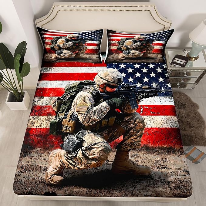 American Flag Sheet Sets for Adult Teens Boys Camo Soldier Flat Sheet Kids Men Vintage Usa Flag Top Sheet Military Camouflage Grunge Stripes Bed Sheet,1 Flat Sheet+1 Fitted Sheet+2 Pillowcases,Full