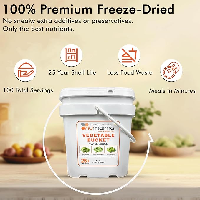 Numanna Dozen Emergency Freeze-Dried 12 Vegetables Buckets 1200 Servings Contains Peas, Green Beans & Broccoli | Non-GMO, No Preservatives, No MSG Camping & Emergency Survival Food 25 Years Shelf Life