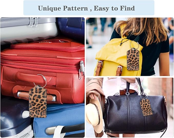 (Set of 2) Luggage Tag Leather Privacy Cover ID Label Address Card with Stainless Steel Loop, Travel Bag Tags Suitcase Labels, Leopard Leather
