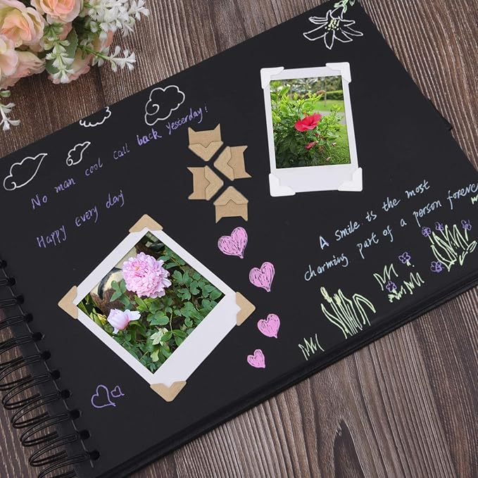 Sunmns 12 Sheets Photo Corners Stickers, Picture Films Self Adhesive Corner for DIY Scrapbook Album (Black, White, Kraft)