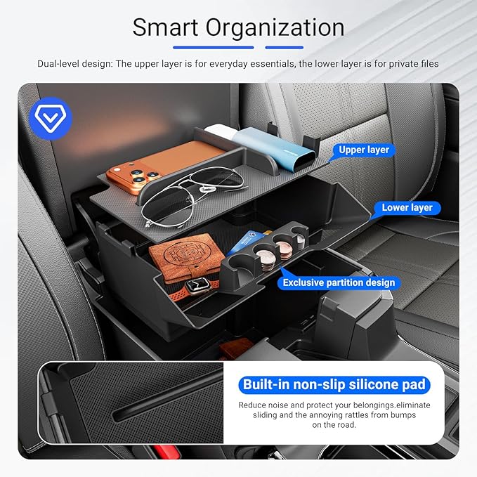 Center Console Organizer Compatible with 2022-2026 Chevy Silverado GMC Sierra 1500 24-26 2500 3500 Armrest Storage Organizer Tray Replacement for 2022-2026 Chevy Silverado Accessories