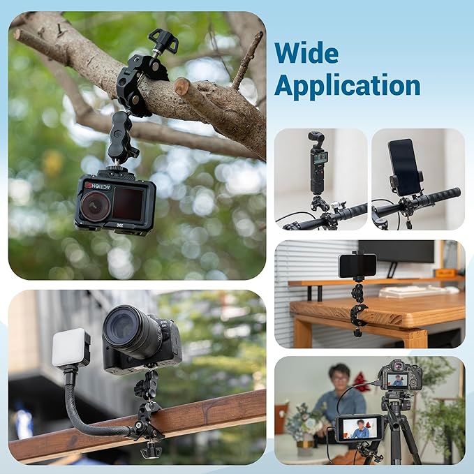 JJC Super Clamp Camera Mount, Dual Ballhead Aluminum Pole Mount w. 1/4“-20 & 3/8"-16 Thread Hole, Action Camera Mount and Phone Clip, for DJI Osmo Action GoPro, Crab Clamp for Desk Tripod Tube Rod