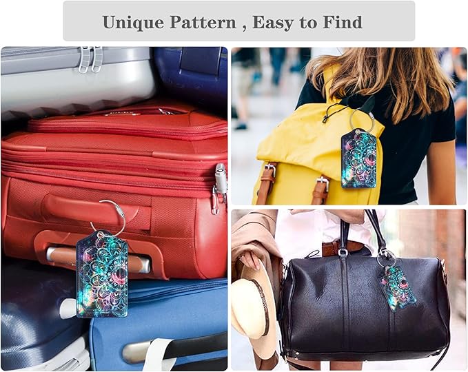 (Set of 2) Luggage Tag Leather Privacy Cover ID Label Address Card with Stainless Steel Loop, Travel Bag Tags Suitcase Labels, Mandala