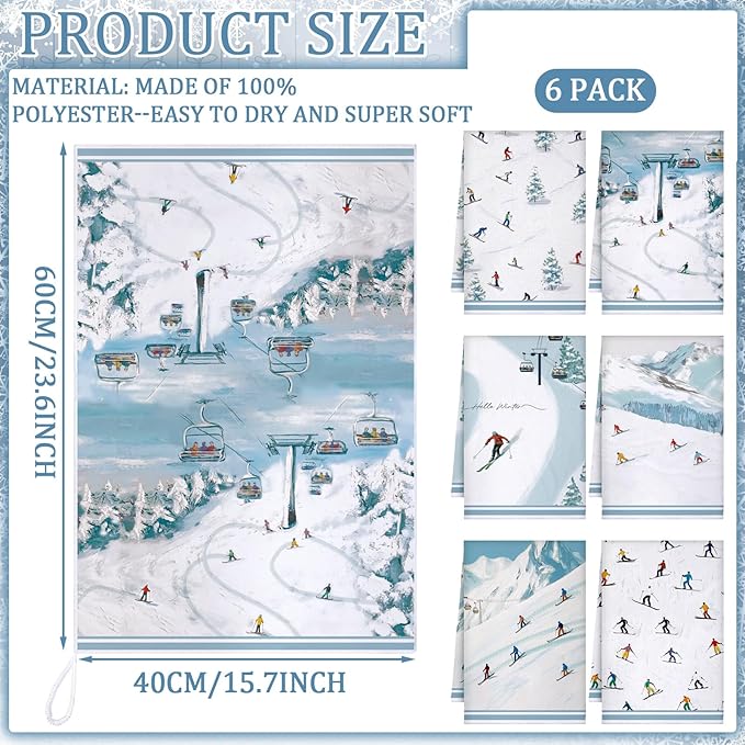 Preboun 6 Pcs Winter Ski Kitchen Towels Winter Decorative Christmas Hand Towels White Cold Color Ski Themed Dish Cloth Farmhouse Tea Cloth Kitchen Accessories Bathroom Decor Souvenir Gifts