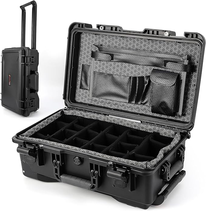 Heavy Duty Waterproof Camera Case for Diving and Outdoor Water Sports – Dustproof, Impact Resistant Dry Box with Padded Dividers, Wheels, 22” x 14” x 9” – Includes Document Bag & Camera Insert