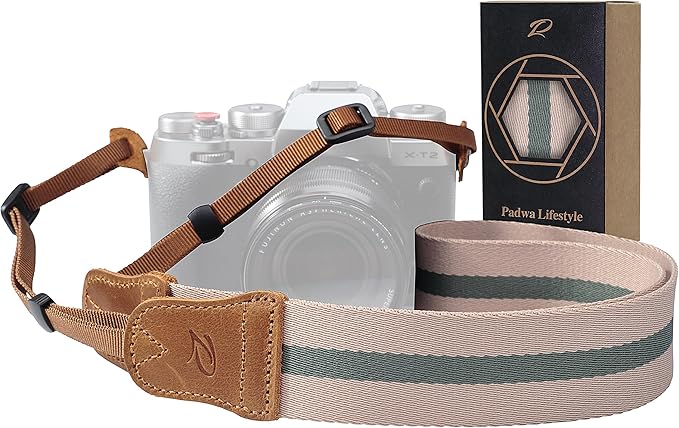 Padwa Lifestyle Stripe Camera Strap - 1.5" Double Layer Crazy Horse Cowhide Ends Camera Straps for Photographers,Universal Adjustable Pure Cotton Woven Neck Shoulder Strap for Cameras and Binoculars