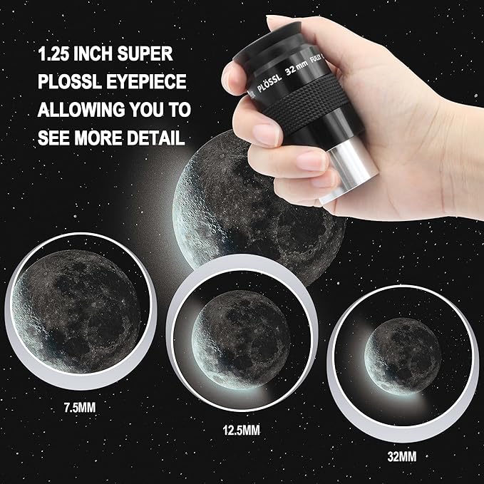 Astromania Telescope Eyepiece Set 1.25 Inch Super Plossl Eyepiece Set 7.5mm 12.5mm 32mm, 5 Element Fully Multi Coated Metal 52 Degree Apparent Field, Telescope Accessory Set for Astronomy Telescope