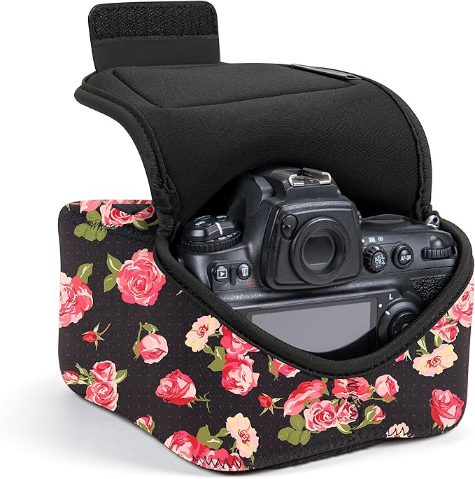 USA Gear Camera Sleeve (Large) for Mid-Size SLRs Compatible with Sony A7 V, Canon EOS R6 Mark II, Nikon Z50II & more - Padded Neoprene DSLR Case with Zipper Accessory Pocket & Belt Loop (Floral)