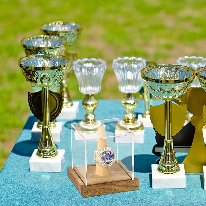 Hooqict Championship Ring Display Case Clear Acrylic Ring Case Display Box UV Protected with Wood Base Stand for Sports Baseball Basketball Softball Football Single Ring Holder Coin Stand