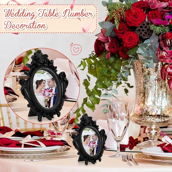 Maitys 25 Pcs Mini Picture Vintage Frames with Stands Tiny Antique Photo Baroque Ornate Resin Oval Frame Table Top Display Home Wedding Decor (Black)