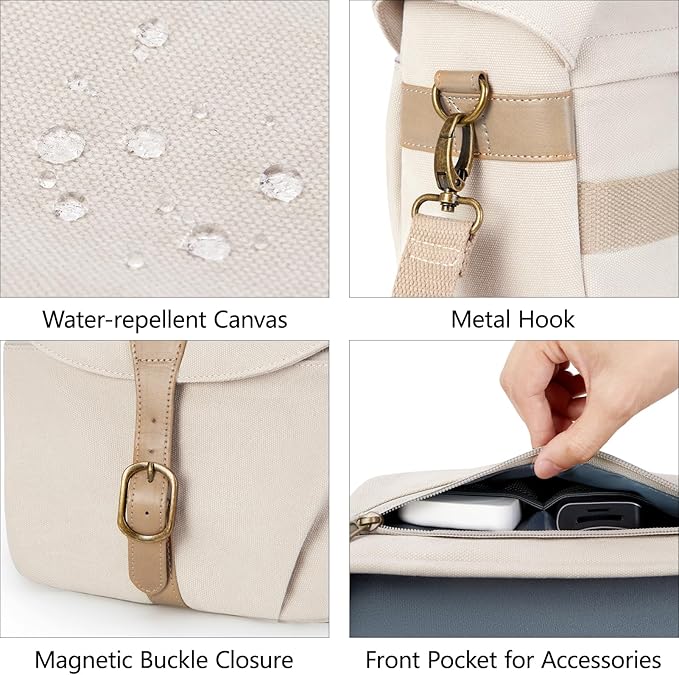 BAGSMART Camera Bag, SLR DSLR Canvas Crossbody Camera Case, Compact Camera Shoulder Bag with Rain Cover for Women and Men, Ivory White