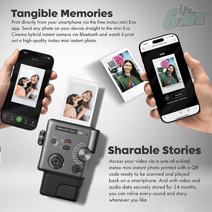 FUJIFILM instax mini Evo Cinema Hybrid Instant Camera Bundle, 3-in-1 Camera Printer with Bluetooth + Gen Dial for 10 Decade-Inspired Effects + Instax-Mini Twin Pack Instant-Film 60 Sheets + More