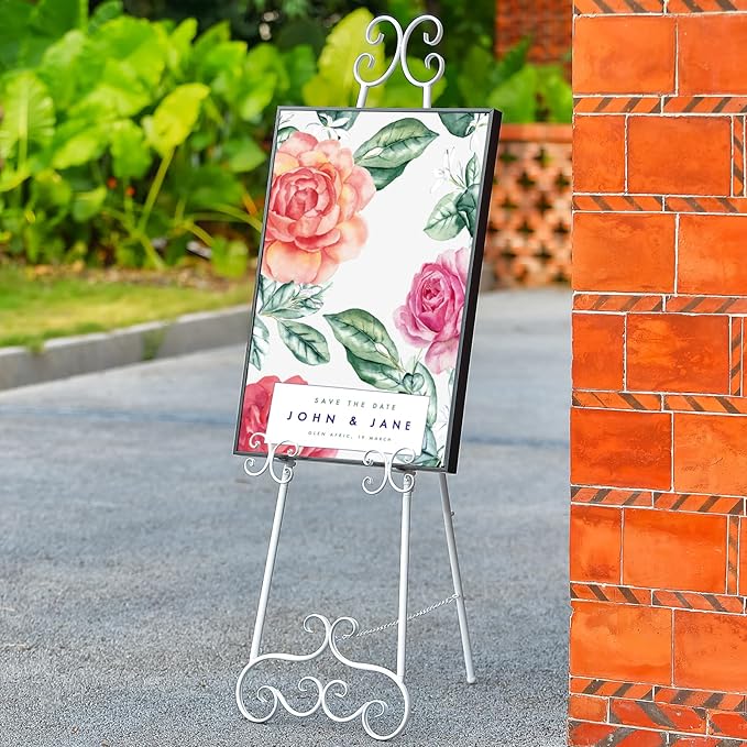 Metal Floor Standing Display Easel, 56" H White Decorative Scroll Easel Stand for Sign Wedding Picture Frame, with Chain Support
