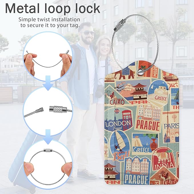 3 Pack Luggage Tags,Retro Travel Stickers PU Leather Luggage Tags for Suitcase,Name ID Labels with Privacy Cover Suitcases and Metal Loop for Travel Bag Suitcase