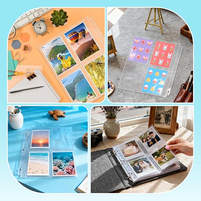 VOKOY 50 Pack 3.5" x 5" Clear Photo Sleeves for 3 Ring Binder, Double Sided 4-Pocket Sheet Protectors Archival Photo Album Index Card Refill Pages Storage Pockets Organizer, 400 Pockets