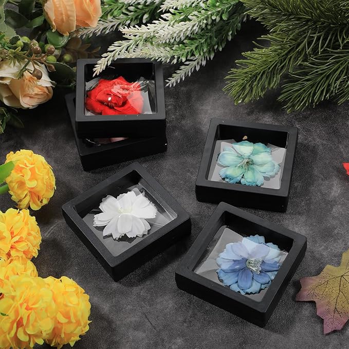 60 Pcs Coin Display Case Black 3D Floating Frame Display Holder Stands for Antique Challenge Coins, Jewelry, Shells, Gems, Minerals, Rocks, Specimen, Pins (2.8 x 2.8 x 0.8 Inch)