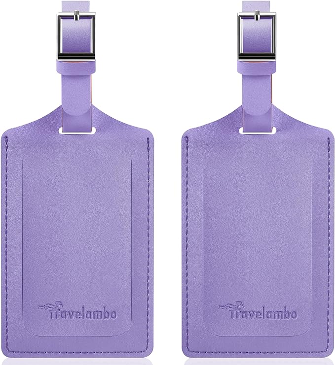 Travelambo Luggage Tags for Suitcases Faux Leather Privacy Protection 2 Pack Bag Tags Travel Accessories Essential, Classic Purple