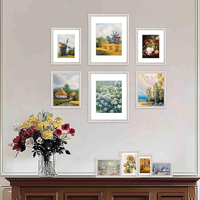 VIOLABBEY 4x6 White Gold Picture Frame, Display 3.5x5 Photo with Mat or 4x6 without Mat, Ornate Vintage 4 x 6 White Gold Frame for Wall Decor or Tabletop Display