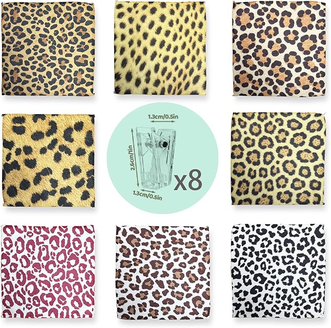 8-Pack Ultra-Fine Microfiber Kitchen Towels, 7-Inch Square with 8 Clips & Multiple Patterns – Soft, Absorbent, Reusable Cleaning Cloths (Leopard Print)
