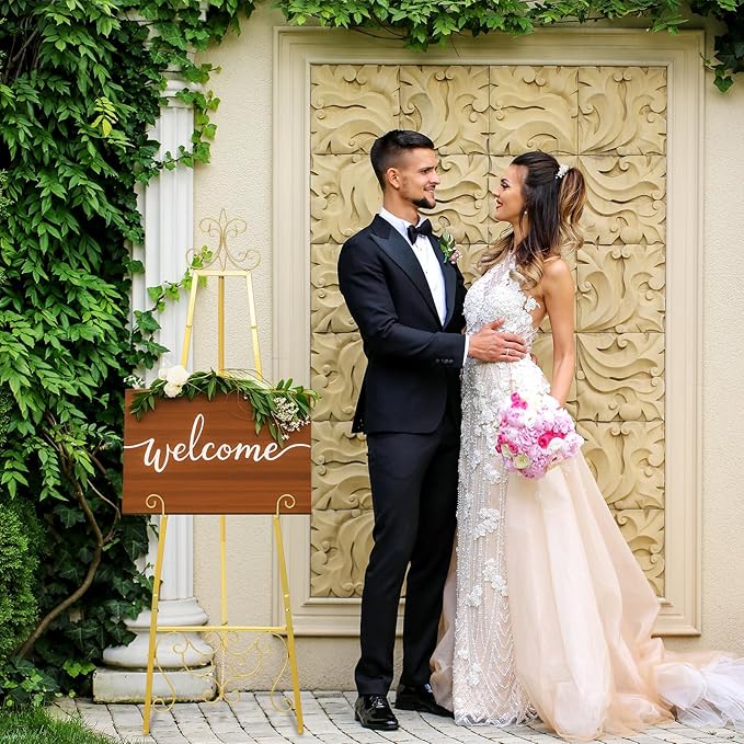 Gold Easel Stand for Wedding Sign, 55'' Adjustable Vintage Scroll Floor Display Stand with Chain Support for Welcome Poster, Art, Photo, Decorative Event Display