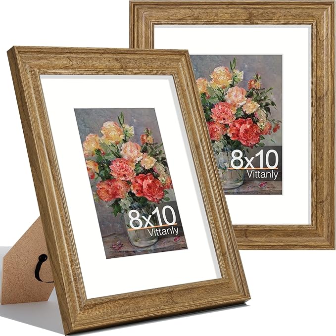 Vittanly 8x10 Picture Frames Set of 2, Ornate Vintage Photo Frame for Wall or Tabletop, Display 5x7 Pictures with Mat or 8x10 without Mat, Walnut