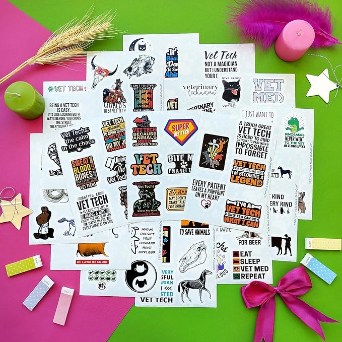 BulbaCraft 100Pcs Funny Vet Tech Stickers, Veterinary Technician Decals - Vet Tech Gifts Bulk, Veterinary Technician Present, Gifts for Women & Men