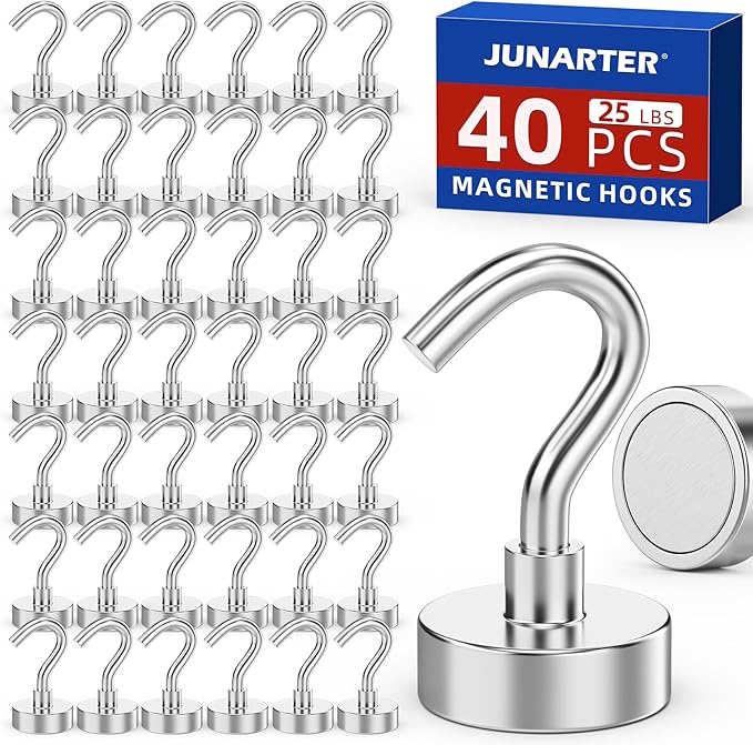 Junarter Magnetic Hooks, 40 Pack Magnetic Hooks for Cruise Cabins, 25lbs Magnet Hooks, Strong Magnetic Hook Heavy Duty, Magnets with Hook, Metal Magnetic Hook for Hanging, Refrigerator, Grill