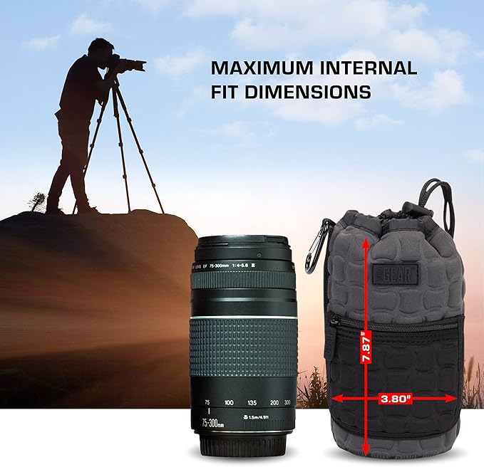 USA Gear FlexARMOR-X Large Lens Case Pouch with Deluxe Padded Neoprene Protection - Fits Camera Lenses up to 7.87" x 3.80", Drawstring Opening, Carabiner Clip, Zippered Storage Pocket